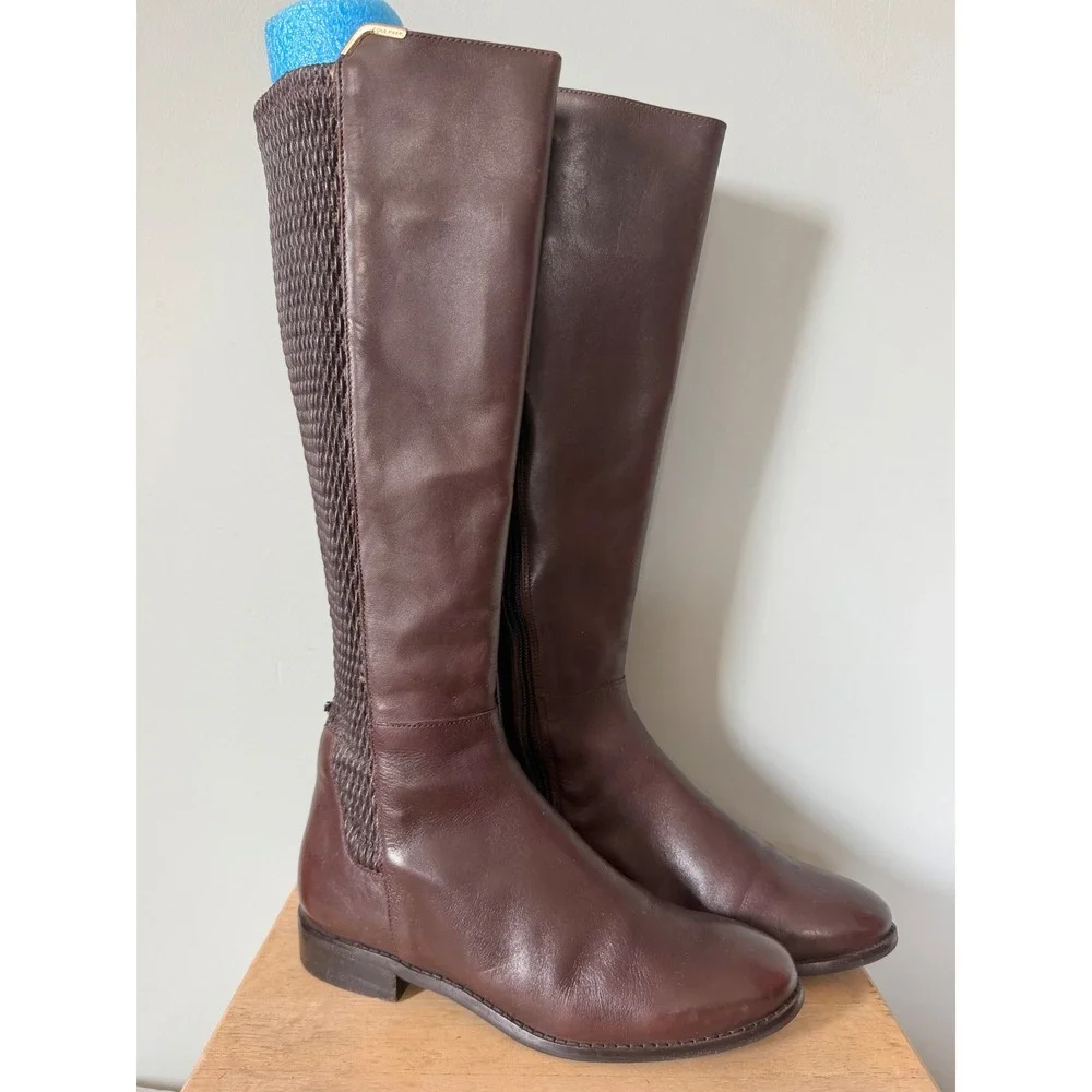 Cole Haan Rockland Brown Leather Woven Stretch Back Tall Riding Boots Size 6